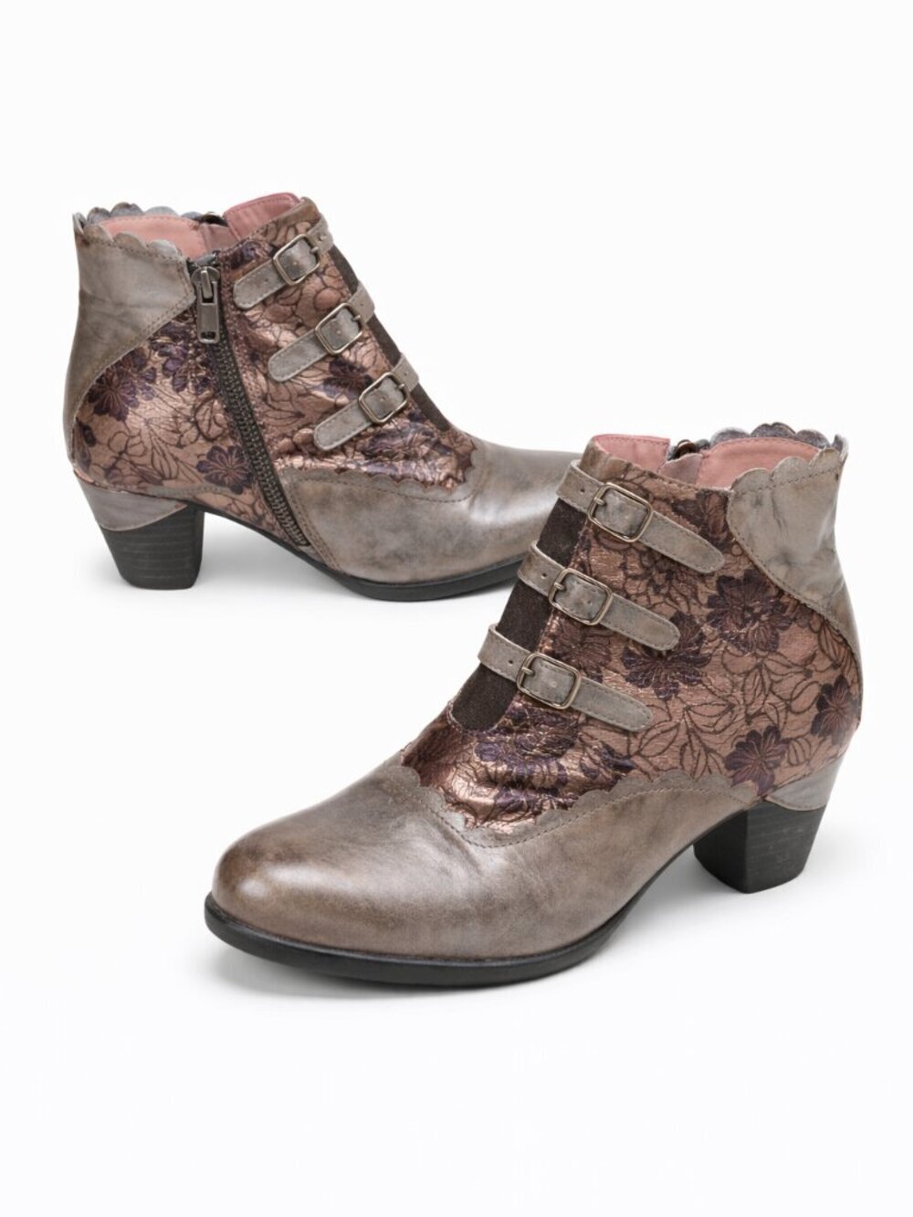 L’Artiste by Spring Step Floral Embossed Leather Ankle Boots Buckle EU 38 (7.5-8 - Picture 1 of 7